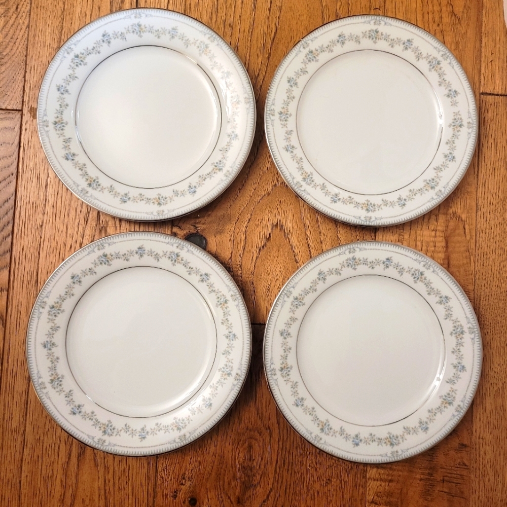 Noritake China Norwood 6011 Salad Plates Silver/Blue/White Set of 4
